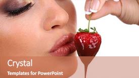  Presentation with chocolate strawberry - Cool new PPT theme with closeup of woman eating strawberry backdrop and a coral colored foreground