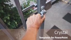  Presentation with pov - Slides consisting of closeup of woman hand entering house gate pov outdoor closeup background and a coral colored foreground