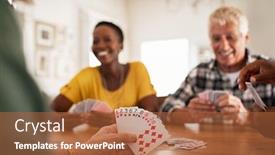  Presentation with playing cards - Cool new presentation with closeup of woman hand holding playing cards group of mature friends relaxing and playing cards together senior people and african woman enjoying playing a game at home while sitting on wooden table backdrop and a red colored foreground