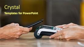  Presentation with nfc technology - PPT theme having closeup of woman hand paying a bill through smartphone using nfc technology closeup of hand holding pos terminal to receive payment using phone customer using mobile to make payment with contactless background and a tawny brown colored foreground