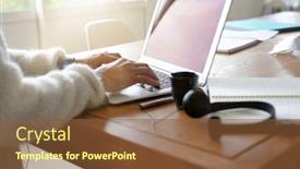  Presentation with home office - Theme enhanced with closeup-of-woman-hands-typing background and a tawny brown colored foreground