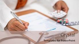  Presentation with hospital pharmacy - Presentation design having closeup-of-woman-hands-writing background and a coral colored foreground