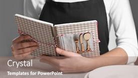  Presentation with cookbook - PPT theme featuring closeup of woman holding cookbook background and a coral colored foreground