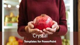  Presentation with grocery store - Slide deck featuring closeup of woman standing and holding pomegranate at grocery store background and a tawny brown colored foreground