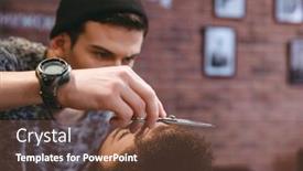  Presentation with barber shop - PPT theme having closeup of young concentrated barber grooming beard of handsome man with scissors at barber shop background and a tawny brown colored foreground
