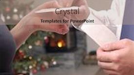  Presentation with wafer - Colorful presentation enhanced with closeup of young couple hands sharing traditional christmas eve wafer with christmas tree in the background backdrop and a coral colored foreground