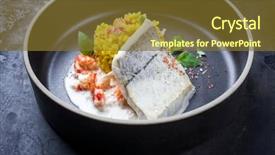  Presentation with crab shell - Presentation design having fried haddock filet with saffron background and a tawny brown colored foreground