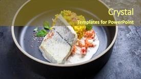  Presentation with crab shell - Presentation design enhanced with fried haddock filet with saffron background and a mint green colored foreground