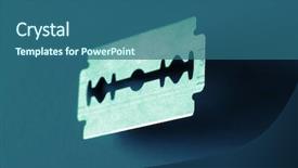  Presentation with blade - Presentation featuring closeup on an old razor blade over a blue background background and a ocean colored foreground