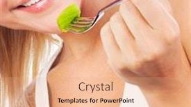  Presentation with health diet - Beautiful PPT theme featuring closeup on beautiful female face eating fruits health care and diet concept backdrop and a coral colored foreground