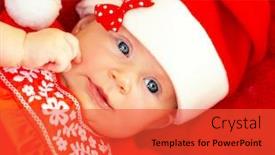  Presentation with baby celebration - Slide deck consisting of closeup on beautiful newborn baby wearing red festive christmas costume santa hat with decorative bow new year celebration background and a red colored foreground