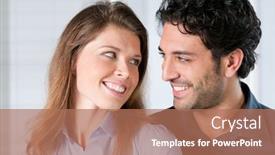  Presentation with faces - Cool new theme with closeup on faces of young couple smiling together with love backdrop and a coral colored foreground