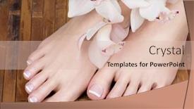  Presentation with nails - Presentation theme having closeup photo of a female feet with white french pedicure on nails at spa salon legs care concept background and a lemonade colored foreground