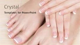  Presentation with manicure - Theme with closeup photo of a female feet at spa salon on pedicure and manicure procedure - soft focus image background and a lemonade colored foreground