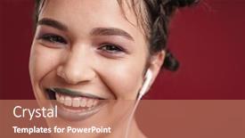  Presentation with punk - Beautiful slide set featuring closeup photo of a happy young punk teenage girl listening music with earphones isolated over burgundy red wall background backdrop and a coral colored foreground