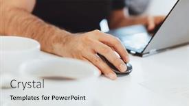  Presentation with computer - Slides enhanced with closeup-photo-of-a-man background and a sky blue colored foreground