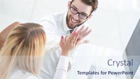  Presentation with company - Amazing PPT theme having closeup photo of company employees business background backdrop and a sky blue colored foreground