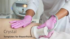  Presentation with fat - Slide deck having closeup photo of fat man with big belly having cavitation procedure removing cellulite on abdomen in modern beauty clinic background and a soft green colored foreground