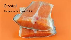  Presentation with proteins keto ketogenic diet raw - Beautiful slide deck featuring closeup photo of fresh raw salmon tail part on bright orange background backdrop and a gold colored foreground
