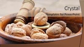  Presentation with mallet - PPT layouts enhanced with closeup photo of walnuts in a vintage wooden nut bowl with a nutcracker hammer mallet with brass head easy to crack hard shell background and a coral colored foreground