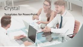  Presentation with managers - PPT layouts enhanced with closeup photo young business managers working with new startup background and a soft green colored foreground