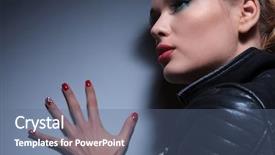  Presentation with nails manicure - Slide deck having closeup picture of a woman with nice make up and red nails manicure pushing the wall with a hand wearing a leather jacket background and a ocean colored foreground