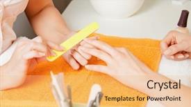  Presentation with manicure - Slides having closeup picture of manicure process on female hands background and a coral colored foreground