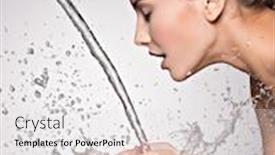  Presentation with clean water - Presentation theme consisting of closeup portrait of a caucasian woman washing her clean face with water background and a light gray colored foreground