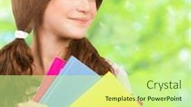  Presentation with back school education - Theme with closeup portrait of a nice schoolgirl with colorful textbooks in the park going to school enjoying education back to school in september background and a mint green colored foreground