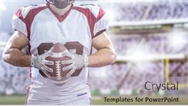  Presentation with football lights - PPT layouts consisting of closeup portrait of a strong muscular american football player on big modern stadium field with lights and flares background and a light gray colored foreground