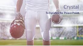  Presentation with football lights - PPT layouts featuring closeup portrait of a strong muscular american football player on big modern stadium field with lights and flares background and a sky blue colored foreground