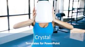  Presentation with plastic container - PPT theme enhanced with closeup portrait of a woman covering her face with plastic container at gym background and a teal colored foreground