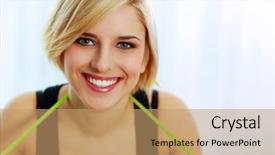  Presentation with tape measure - Presentation theme enhanced with closeup portrait of a young happy woman with measure tape background and a coral colored foreground