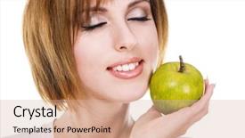  Presentation with green apple - Beautiful presentation featuring closeup portrait of a young beautiful woman with a green apple against white background backdrop and a coral colored foreground