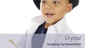  Presentation with paint brush - Colorful presentation design enhanced with closeup portrait of an adorable preschool artist holding a paint brush while wearing a white smock and french beret on a white background backdrop and a light blue colored foreground