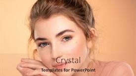  Presentation with girl model - Amazing presentation design having closeup-portrait-of-an-young backdrop and a coral colored foreground