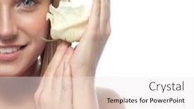  Presentation with blue rose - Beautiful slides featuring closeup portrait of attractive caucasian smiling woman blond isolated on white studio shot lips toothy smile face hair head and shoulders looking at camera blue eyes teeth flower white rose aroma backdrop and a white colored foreground