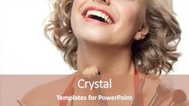  Presentation with brushes makeup - Slides having closeup portrait of attractive caucasian smiling woman blond isolated on white studio shot lips toothy smile face hair head and shoulders looking up blue eyes tooth brushes makeup background and a coral colored foreground