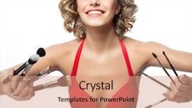  Presentation with brushes makeup - Theme enhanced with closeup portrait of attractive caucasian smiling woman blond isolated on white studio shot lips toothy smile face hair head and shoulders looking at camera blue eyes tooth brushes makeup background and a coral colored foreground