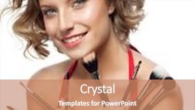  Presentation with brushes makeup - Audience pleasing slide deck consisting of closeup portrait of attractive caucasian smiling woman blond isolated on white studio shot lips toothy smile face hair head and shoulders looking at camera blue eyes tooth brushes makeup backdrop and a coral colored foreground