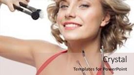  Presentation with brushes makeup - Audience pleasing presentation design consisting of closeup portrait of attractive caucasian smiling woman blond isolated on white studio shot lips toothy smile face hair head and shoulders looking at camera blue eyes tooth brushes makeup backdrop and a coral colored foreground