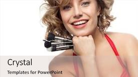  Presentation with tooth brush - Presentation featuring closeup portrait of attractive caucasian smiling woman blond isolated on white studio shot lips toothy smile face hair head and shoulders looking at camera blue eyes tooth brush makeup background and a soft green colored foreground