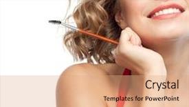  Presentation with tooth brush - Presentation enhanced with closeup portrait of attractive caucasian smiling woman blond isolated on white studio shot lips toothy smile face hair head and shoulders looking at camera blue eyes tooth brush makeup background and a coral colored foreground