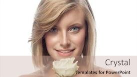  Presentation with blue rose - Cool new presentation design with closeup portrait of attractive caucasian smiling woman blond isolated on white studio shot lips toothy smile face hair head and shoulders looking at camera blue eyes flower rose aroma backdrop and a coral colored foreground