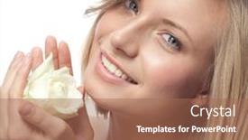  Presentation with blue rose - Presentation consisting of closeup portrait of attractive caucasian smiling woman blond isolated on white studio shot lips toothy smile face hair head and shoulders looking at camera blue eyes teeth flower rose aroma background and a coral colored foreground