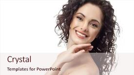  Presentation with lips - Theme featuring closeup portrait of attractive caucasian smiling woman brunette isolated on white studio shot lips toothy smile face hair head and shoulders looking at camera tooth background and a lemonade colored foreground