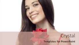  Presentation with hair care - Cool new PPT theme with closeup portrait of attractive caucasian smiling woman brunette isolated on white studio shot lips toothy smile face hair head and shoulders looking at camera tooth red rose flower body care backdrop and a coral colored foreground