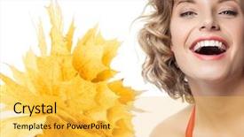  Presentation with autumn blue - PPT theme consisting of closeup portrait of attractive caucasian smiling woman blond isolated on white studio shot lips toothy smile face hair looking at camera blue eyes tooth hand holding yellow marple autumn leaves background and a yellow colored foreground