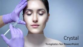  Presentation with skin care - PPT layouts with closeup portrait of attractive young caucasian woman brunette on blue background studio shot lips face head and shoulders skin care hands gloves lifting plastic background and a light blue colored foreground