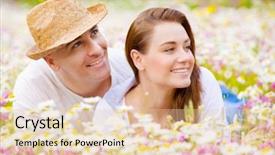  Presentation with weekend - Colorful presentation design enhanced with closeup portrait of beautiful couple lying down on chamomile meadow and looking in one side summer weekend happiness and love concept backdrop and a lemonade colored foreground